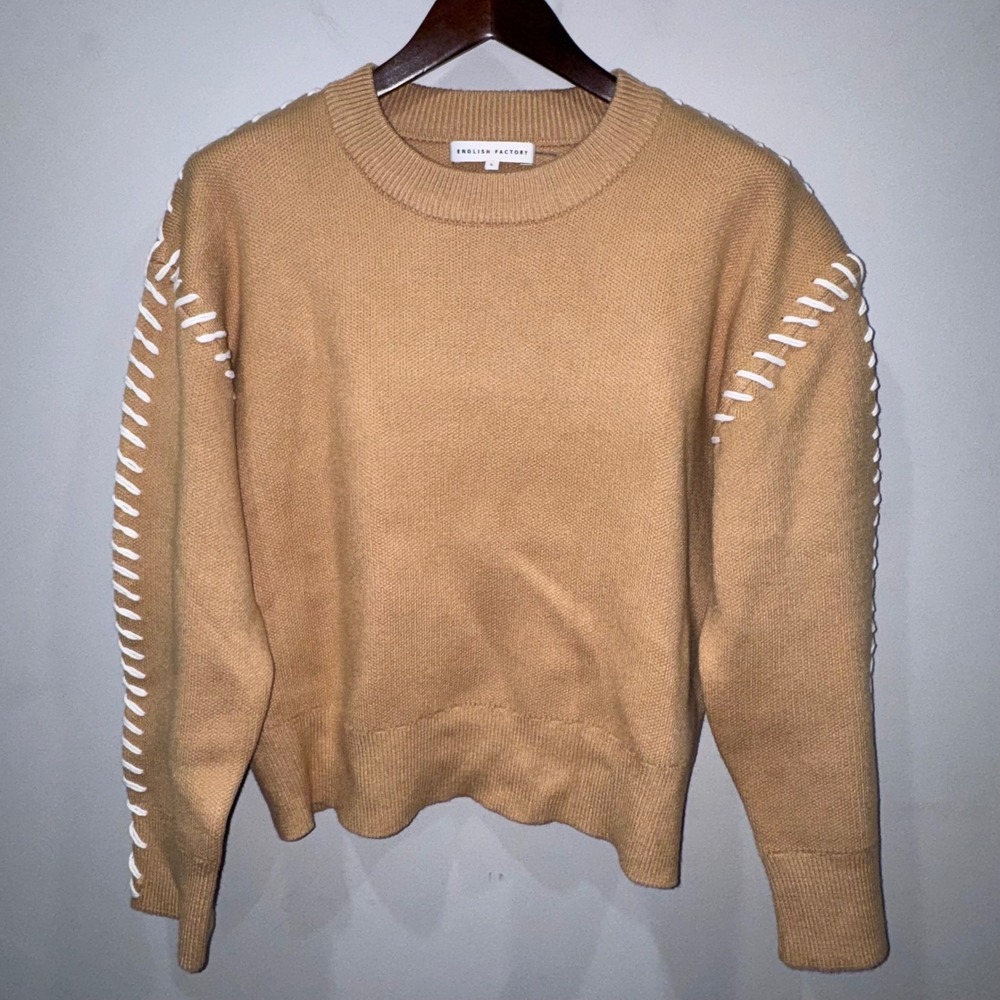 English Factory Whip Contrast Stitch Sweater Camel Relaxed Fit Long Sleeve Sz S - Picture 7 of 16